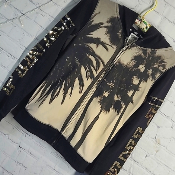 2014 RARE Victoria's Secret PINK Palm Tree Sequin Logo Spellout Hoodie Size XS - Picture 8 of 17